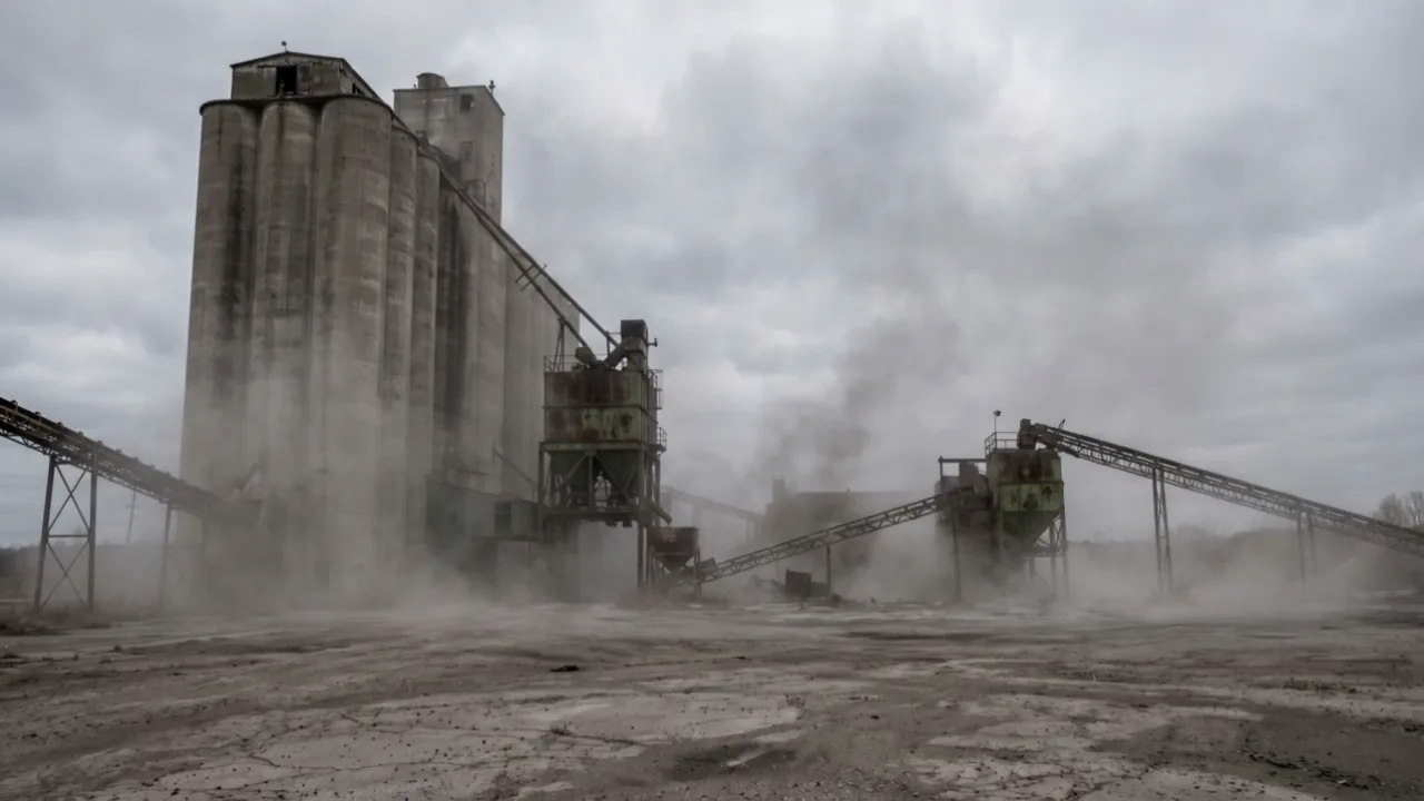 Dust and haze drifting through an empty cement plant of silos and conveyors, no people in frame