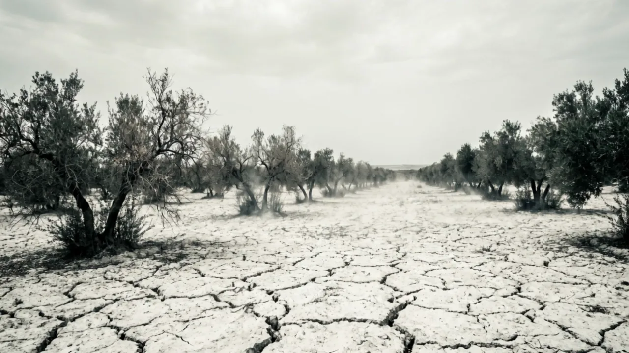 Parched, cracked earth in a drought-struck olive grove under a hot hazy sky, no people in frame