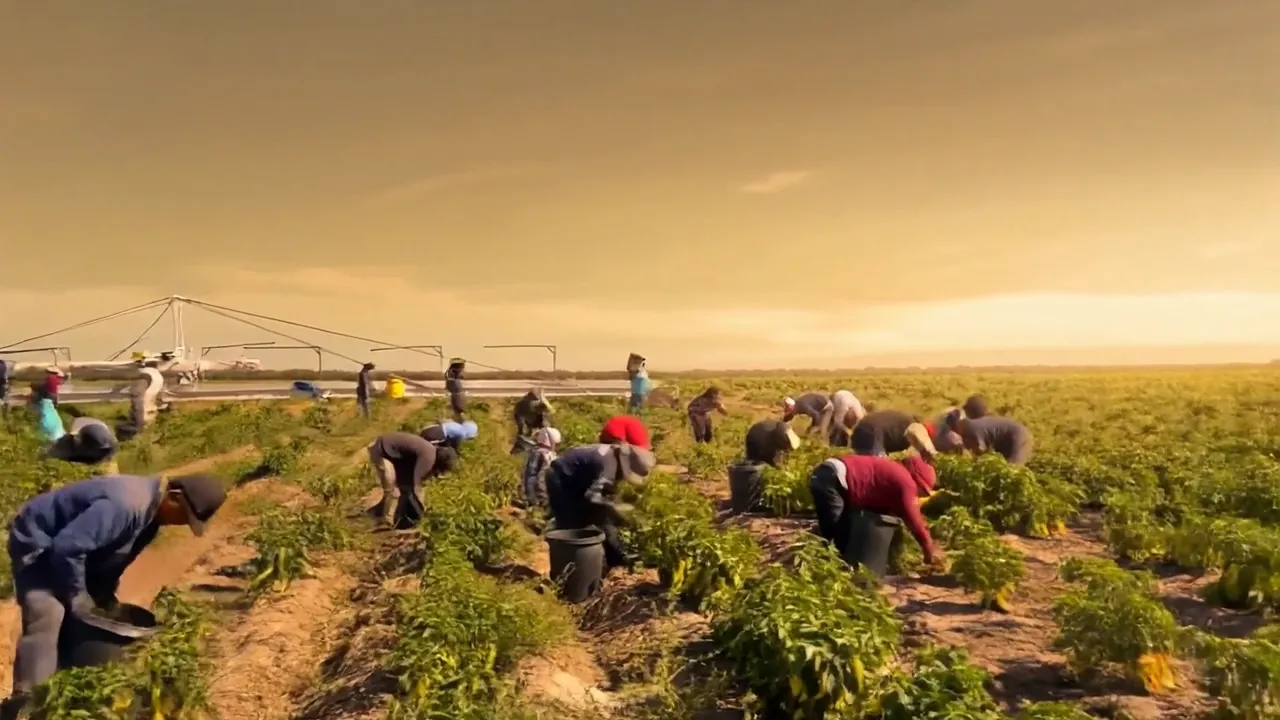 Farm crew picking a pepper field by hand