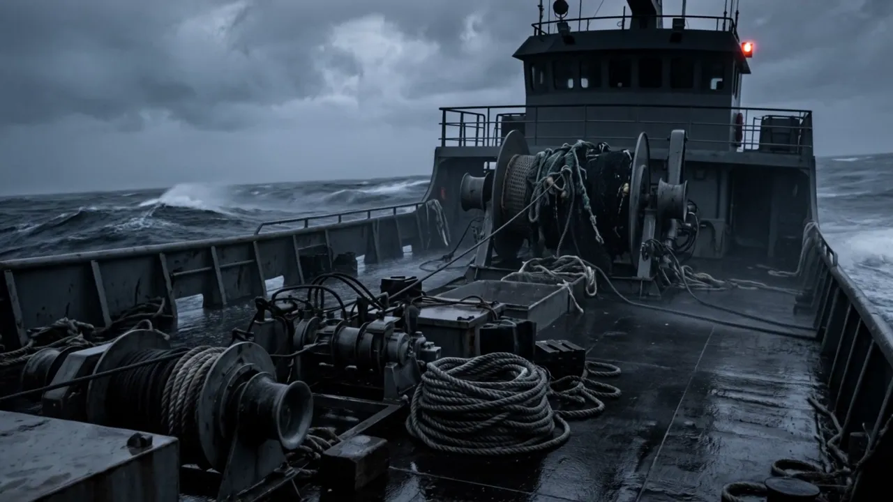 Empty trawler deck in heavy grey seas