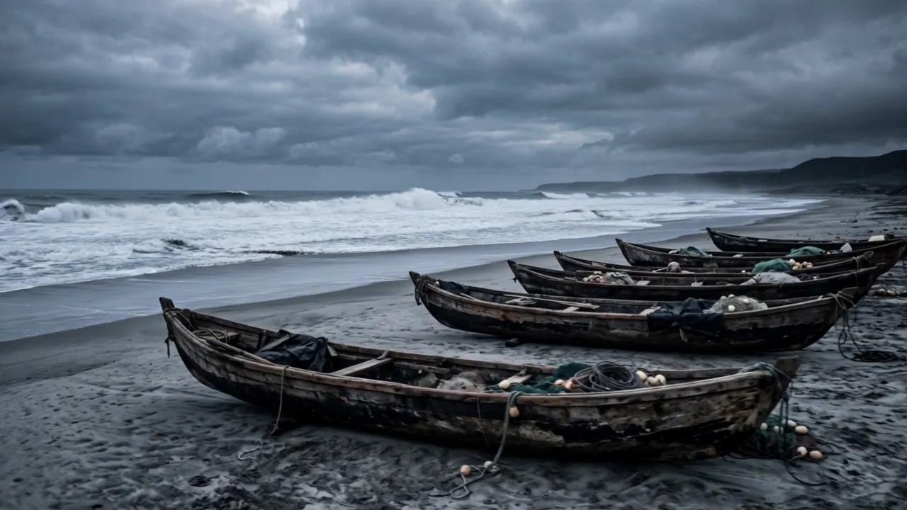 Wooden fishing canoes beached on a grey shore