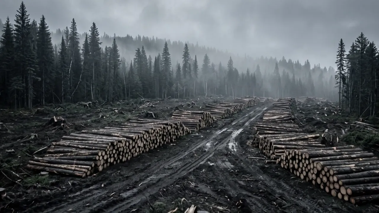 Logging cut block with felled timber in fog